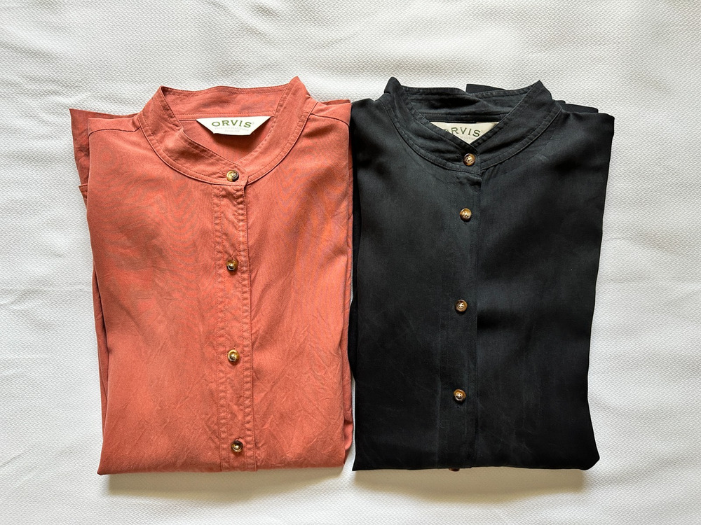 Lot of 2 Orvis 100% Silk Blouses Womens M Rust Black Quiet Luxury Office